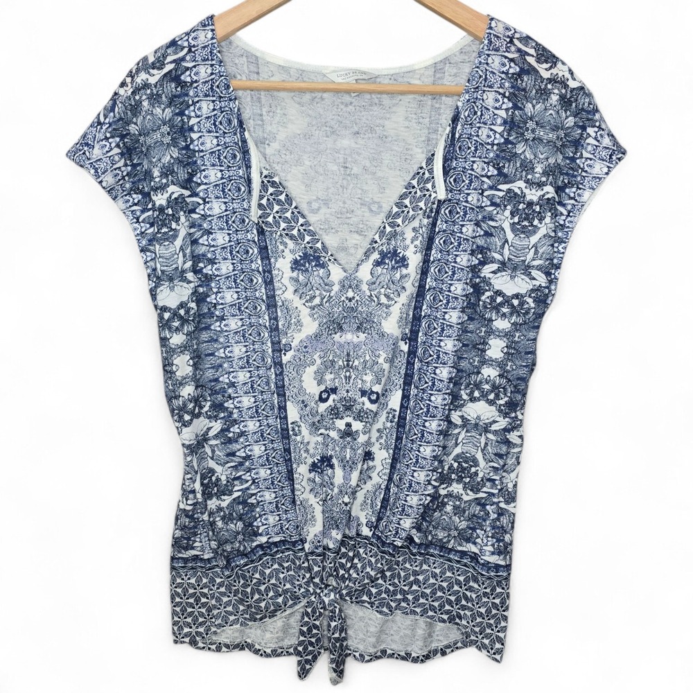Lucky Brand Top Womens Medium Blue V Neck Short Sleeve Boho Waist Tie Casual